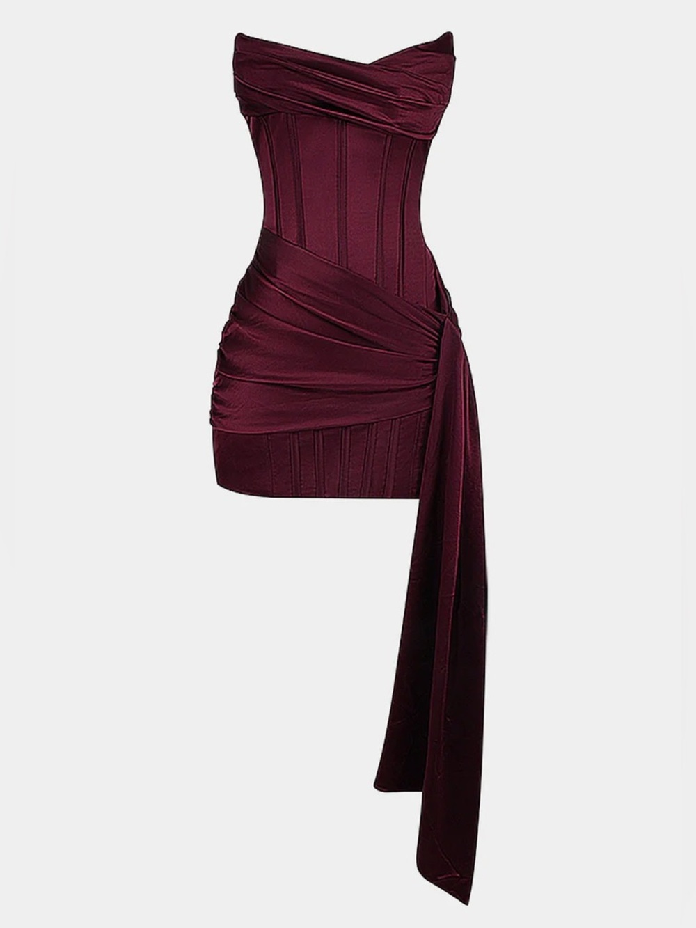 Strapless Burgundy Bandage Mini Dress with Draped Sash